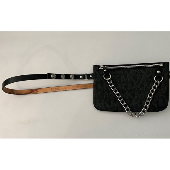 Michael Kors Black Logo Canvas Silver Pull Chain Fanny Pack Belt Bag Medium - Picture 1 of 6